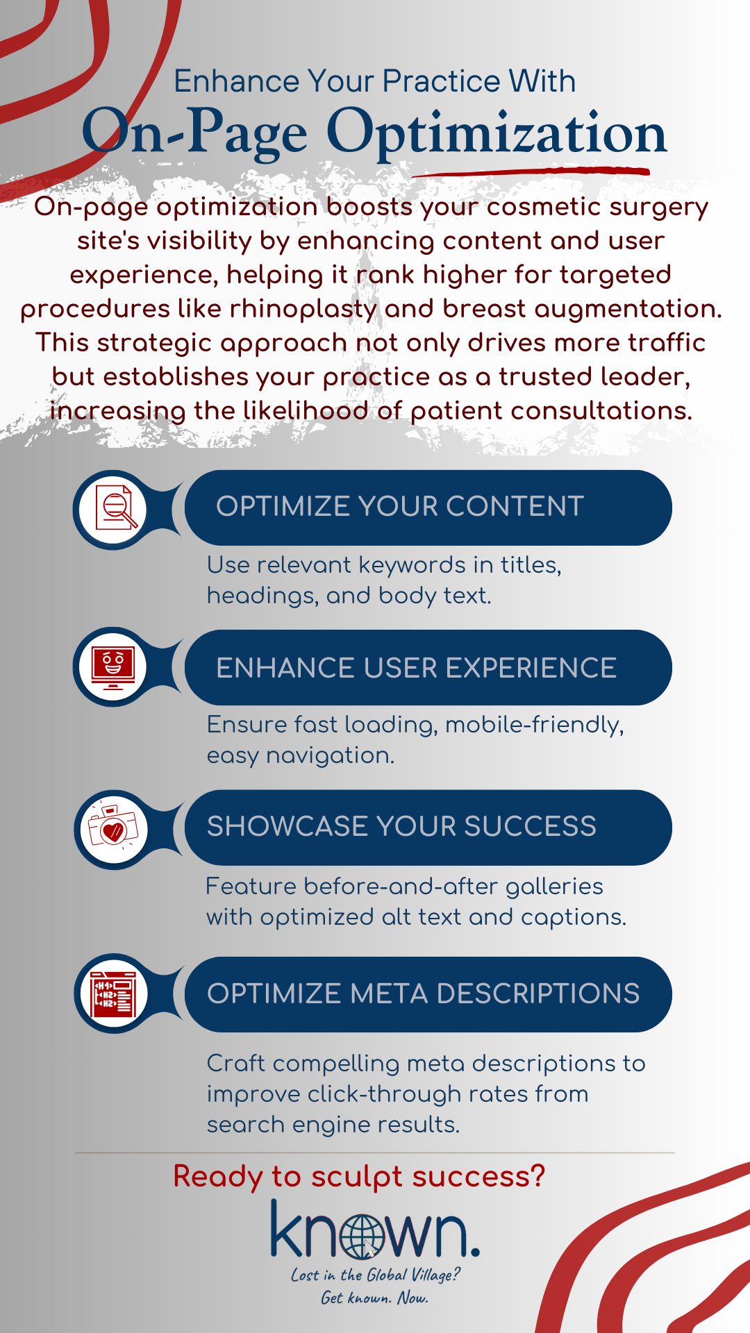 An infographic titled "Enhance Your Practice With On-Page Optimization" featuring four key tips in a vertical layout with corresponding icons. At the top, a statement emphasizes that on-page optimization increases a cosmetic surgery site's visibility and patient consultations. The tips are: "OPTIMIZE YOUR CONTENT" with a document icon, advising the use of relevant keywords; "ENHANCE USER EXPERIENCE" with a robot face icon, recommending fast loading and mobile-friendly design; "SHOWCASE YOUR SUCCESS" with a camera icon, suggesting the use of before-and-after galleries; and "OPTIMIZE META DESCRIPTIONS" with an HTML icon, stressing the importance of compelling meta descriptions. The bottom of the infographic features a call to action, "Ready to sculpt success?" alongside the branding "known." with the tagline "Lost in the Global Village? Get known. Now." The design incorporates a professional color scheme of red, blue, and grey.